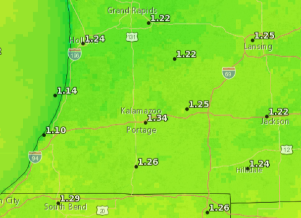 Closeup map of southwest Michigan showing FRET rates.